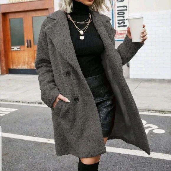 Gray Faux fur teddy pea coat contemporary - Picture 3 of 6